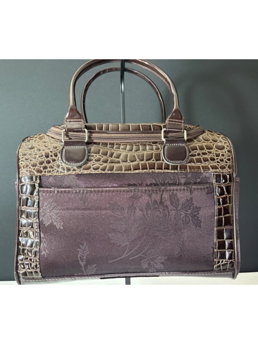 Faux Crocodile Travel Bag  Duffel Dual Handbag With Cosmetic Case Brown Floral - Picture 5 of 16